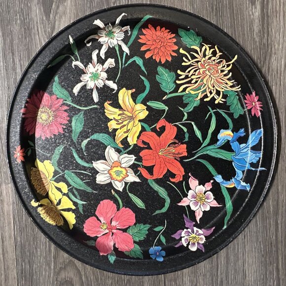 Vintage Potpourri Press Floral 13" Metal Serving Tray Floral Made Hong Kong 1990 - Picture 9 of 9